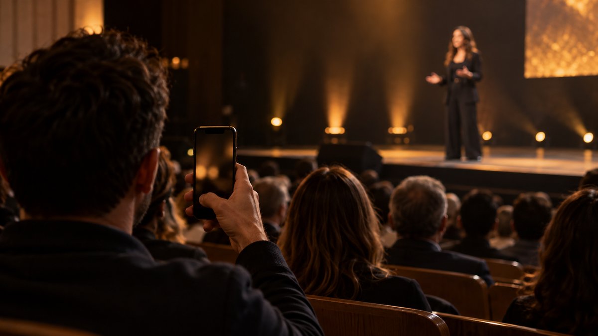 Illustration: audience member filming a fictional speaker in a warm conference hall