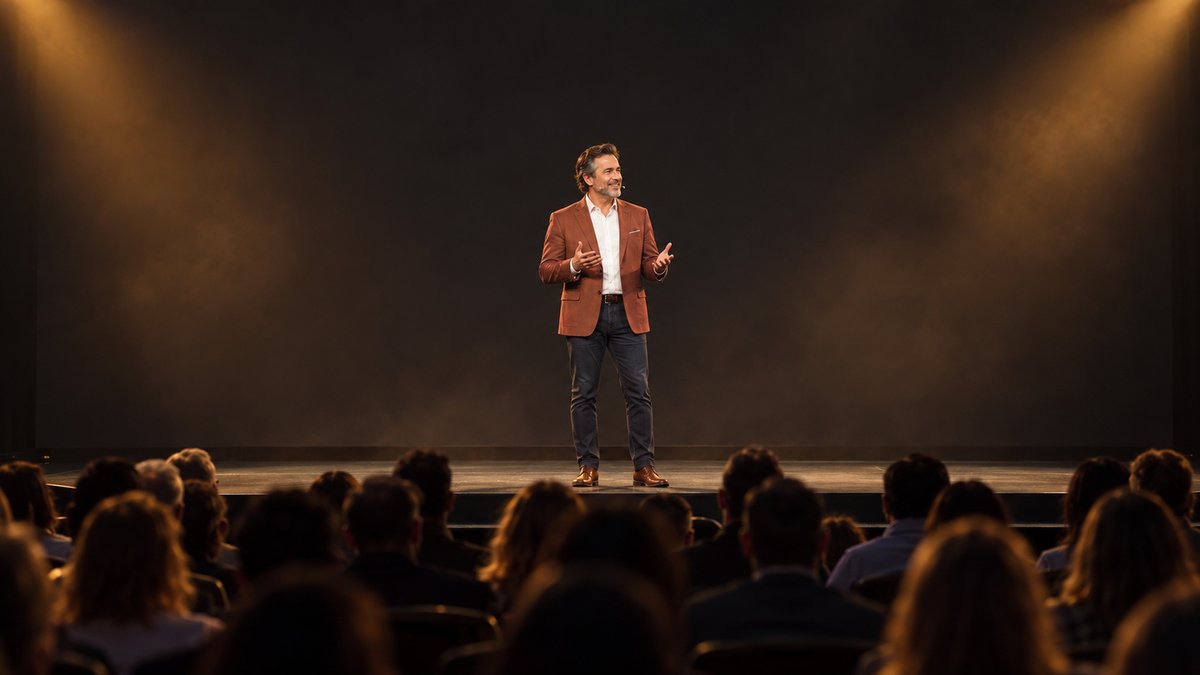 Illustration: fictional speaker on a wide conference stage with audience silhouettes
